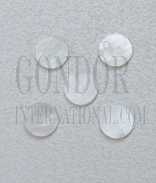 White Mother of Pearl dots 6.35mm (1/4") diameter x 1.5mm thickness - round flat shell pcs cut to precise diameter and thickness. Ideal for use in inlay applications - for fretboard markers, bow frog eyes and general inlay or jewellery decorations. All dots are A grade good on both sides.