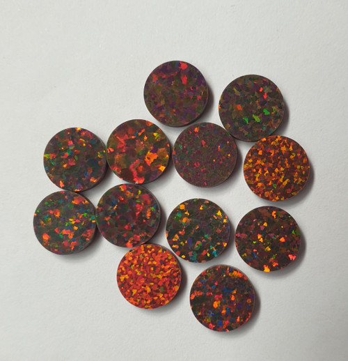 Opal dots OP20 6 x 1.3mm flat pcs made to specific diameter and thickness made from manufactured opal suitable for inlay, fretboard markers, jewellery, Opal dots can be worked same way as mother of pearl and are of similar hardness.