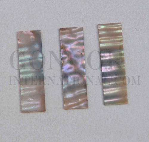 Green abalone (Mexican green abalone) flat inlay blanks size 8.5mm (0.335") width x 30mm (1.18") length x 1mm (0.04") thickness B grade - good on at least 1 side. May have some shell skin or worm damage on 1 side.