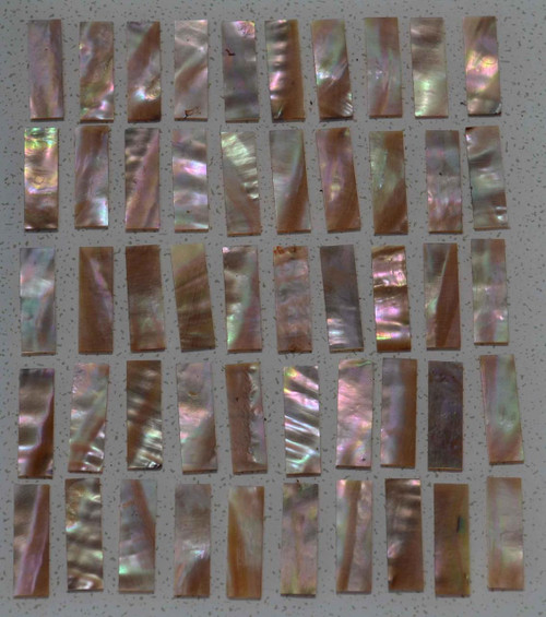 Awabi flat inlay blanks 8.5x30x1mm B grade - may have some shell skin or worm damage mainly on 1 side, also used as Awabi (Goldfish) bow slides for cello and violin.
