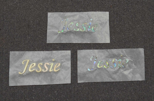 Precut logo Jessie size 11mm height capital letter x 30mm width x 1.5mm thickness available in G. MOP and Paua shell. You can choose the option while ordering.