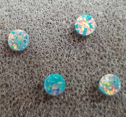 Opal dots OP29 2 x 1.3mm flat pcs made to specific diameter and thickness made from manufactured opal suitable for inlay, fretboard markers, jewellery, Opal dots can be worked same way as mother of pearl and are of similar hardness.