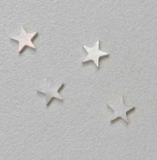 White Mother of Pearl 5 point stars size 11.5mm (0.45") x 1.5mm (0.06") thickness. Some uses include fretboard markers, musical instrument inlay, furniture inlay, marquetry, pool cue inlay and other general decorative inlay and jewellery applications. All pcs are A grade.