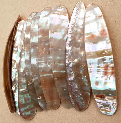 Awabi shell fishing lures (fishing spoons) are specially cut and polished solid shell pcs. Size 19 - 20 x 85-90x 1.5-2mm Made to specific bent shape without holes from A grade shell.