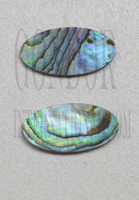 Paua abalone (New Zealand Paua abalone) polished ovals size 10mm (0.394") width x 20mm (0.787") length x 1.5mm (0.6") thickness. Some uses include fretboard markers, musical instrument inlay, furniture inlay, marquetry, pool cue inlay and other general decorative inlay and jewellery applications. All pcs are A grade.
