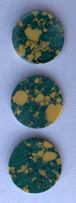 Arizona Jade CH2D2 dots 14mm diameter x 1.3mm thickness - round flat pcs cut to precise diameter and thickness. Ideal for use in inlay applications - for fretboard markers, and general inlay or jewellery decorations. All dots are A grade good on both sides.