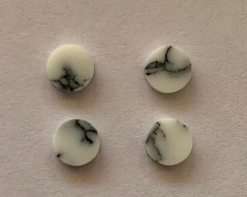 Marble Cremona HOWLITE3 dots 6mm diameter x 1.5mm thickness - round flat pcs cut to precise diameter and thickness. Ideal for use in inlay applications - for fretboard markers, and general inlay or jewellery decorations. All dots are A grade good on both sides.