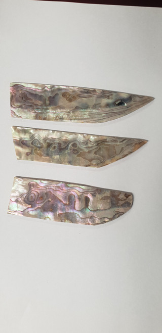 Pink abalone inlay feathers 30mm (1.18") width x 100mm (3.94") length x 1.6mm (0.06") thickness - solid shell top layer min 0.5mm thick backed with laminated shell. Suitable for inlay.
