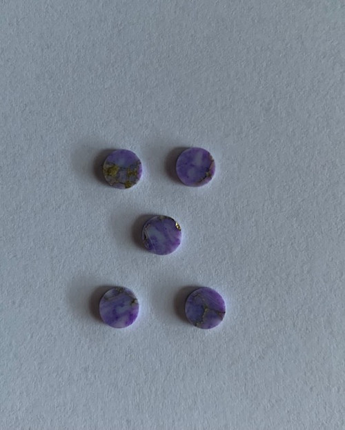 Amethyst CHAR7 dots 10mm diameter x 1.3mm thickness - round flat pcs cut to precise diameter and thickness. Ideal for use in inlay applications - for fretboard markers, and general inlay or jewellery decorations. All dots are A grade good on both sides.