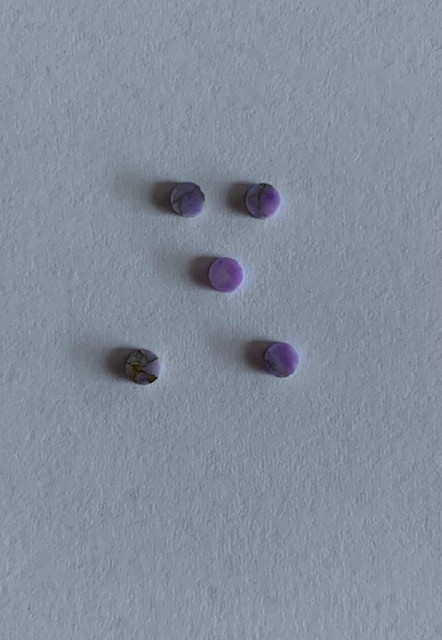 Amethyst CHAR7 dots 4mm diameter x 1.3mm thickness - round flat pcs cut to precise diameter and thickness. Ideal for use in inlay applications - for fretboard markers, and general inlay or jewellery decorations. All dots are A grade good on both sides.