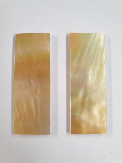 One piece Gold MOP flat inlay blanks size 22mm (0.866") width x 63.5mm (2.5") length x 2mm (0.08") thickness A grade. Polished 1 side.