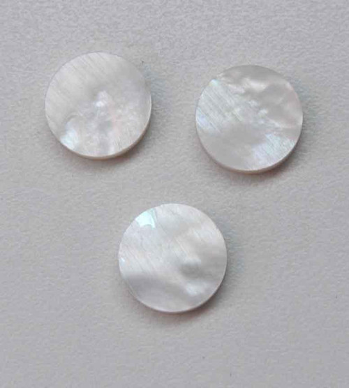White Mother of Pearl dots 14mm (0.55") diameter x 3mm (0.12") thickness - round flat shell pcs cut to precise diameter and thickness. Ideal for use in inlay applications - for fretboard markers, bow frog eyes, watch dials, button blanks and general inlay or jewellery decorations. All dots are A grade good on both sides.<br />