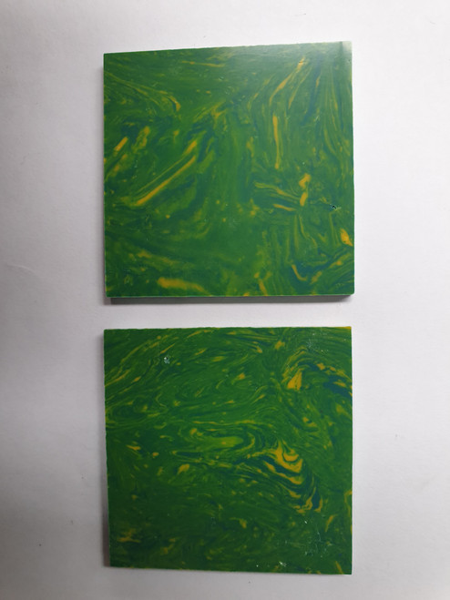 Green Lime reconstituted stone blanks polished 1 side 50 x  50 x 3mm suitable for inlay. Can be cut with standard cutting tools - jewellery saw similar in characteristics to mother of pearl hardness approx. 3. Can be sanded and polished same way as shell material. All pieces are A grade good on both sides.