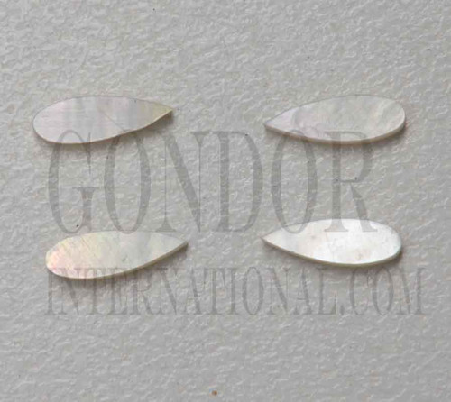 White Mother of Pearl inlay tear drop 3.3 x 10.2 x 1.8mm thickness. Some uses include fretboard markers, musical instrument inlay, furniture inlay and other general decorative inlay and jewellery applications. All pcs are A grade.