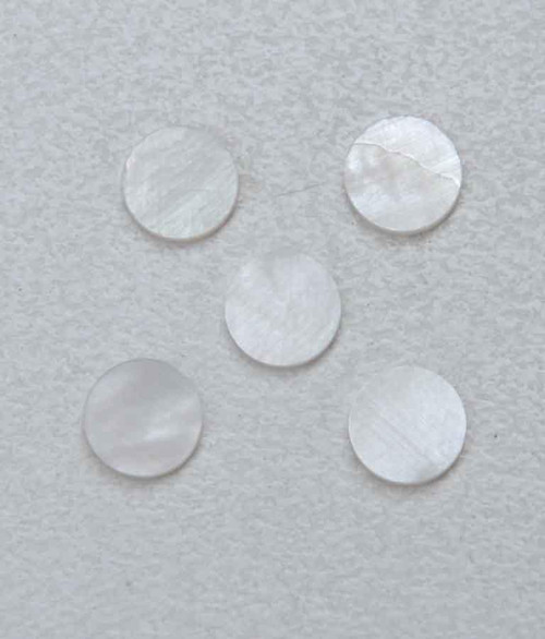 White Mother of Pearl dots 4.5mm diameter x 1.5mm thickness - round flat shell pcs cut to precise diameter and thickness. Ideal for use in inlay applications - for fretboard markers, bow frog eyes and general inlay or jewellery decorations. All dots are A grade good on both sides.