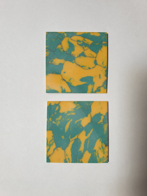 Arizona Jade CH2D2 reconstituted stone blanks 50 x 50 x 2mm polished 1 side suitable for inlay. Can be cut with standard cutting tools - jewellery saw similar in characteristics to mother of pearl hardness approx. 3. Can be sanded and polished same way as shell material. All pcs are A grade good on both sides.