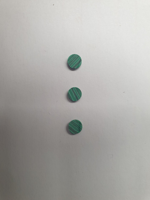 Malachite stone SMALT3 dots 8mm diameter x 1.3mm thickness - round flat pcs cut to precise diameter and thickness. Ideal for use in inlay applications - for fretboard markers, and general inlay or jewellery decorations. All dots are A grade good on both sides.