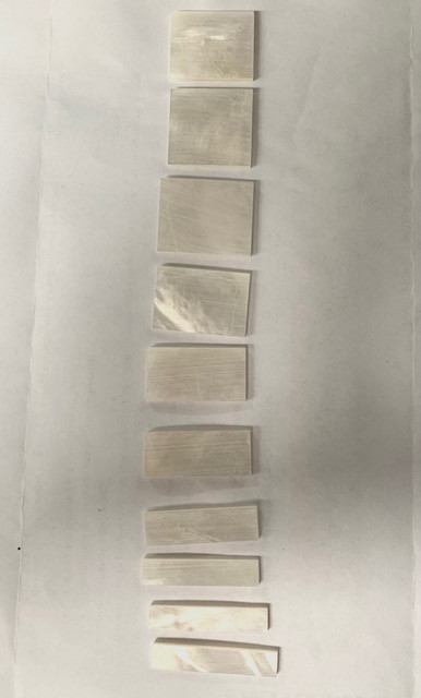 A set of 10pcs White MOP block inlays. Suitable for Les Paul or SG style guitars. Shell thickness 2mm. Flat and ready to be installed.