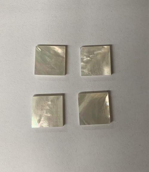 White Mother of Pearl flat inlay blanks size 15mm x 15mm x 1mm (0.04") thickness A grade polished 1 side and clean on both sides.