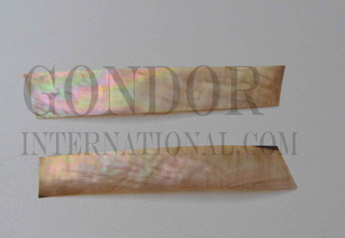Brownlip MOP shell feathers 20mm (0.79") width x 70mm (2.76") length x 0.15mm (0.006") thickness - thinly sliced solid shell pcs. Cut along the curved part of shell they can yield larger pcs then standard solid shell blanks. Ideal for shallow inlay, overlay, fishing lure manufacture and other decorative purposes. Select quality A grade.
