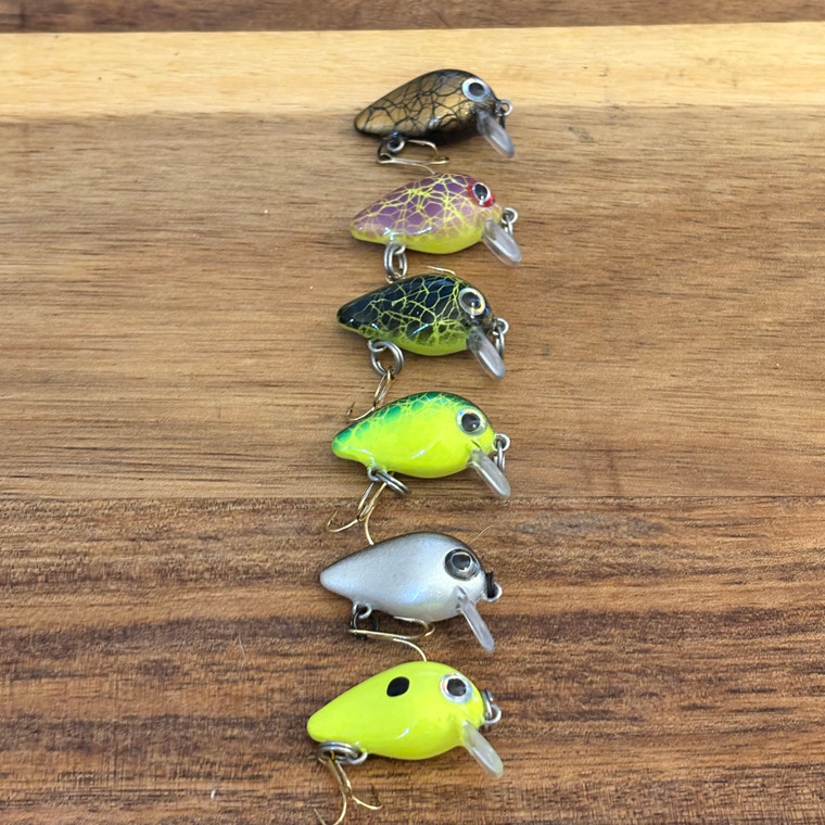 Blind Squirrel Baits custom painted creek and pond crank baits. Set of 6 baits.