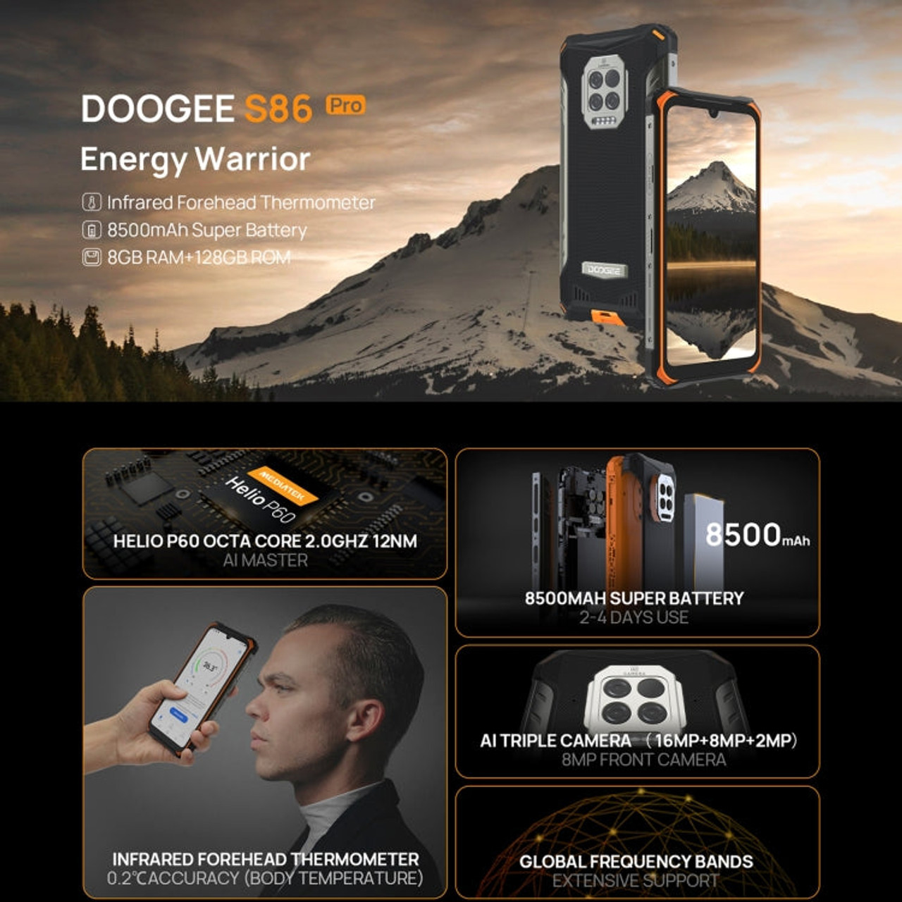 DOOGEE S86 Pro Rugged Phone, Forehead Thermometer, 8GB+128GB