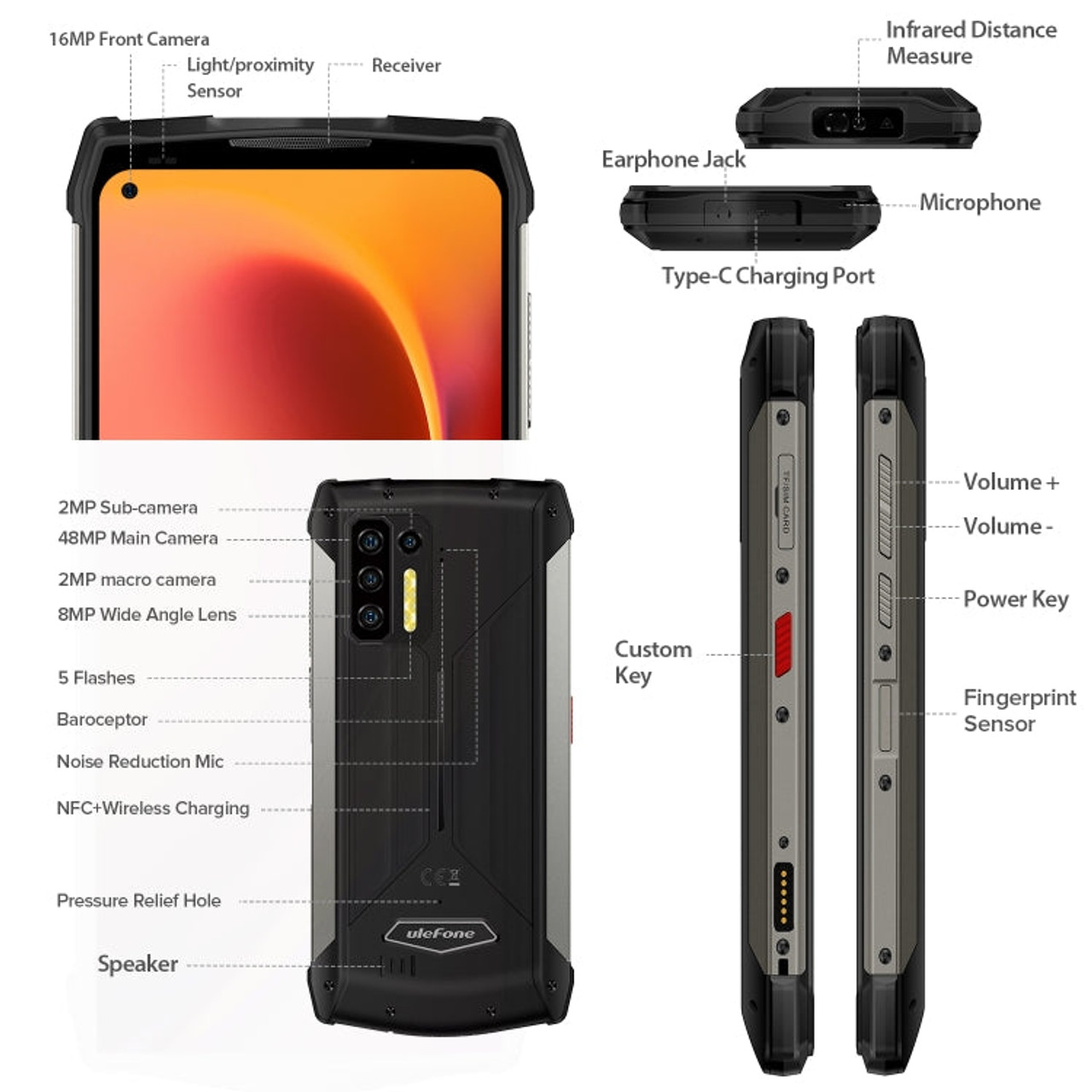 Ulefone Power Armor 13 Rugged Phone, Infrared Distance Measure, 8GB+256GB