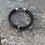 Black Leather Bracelet with Silver Gear Embellishment