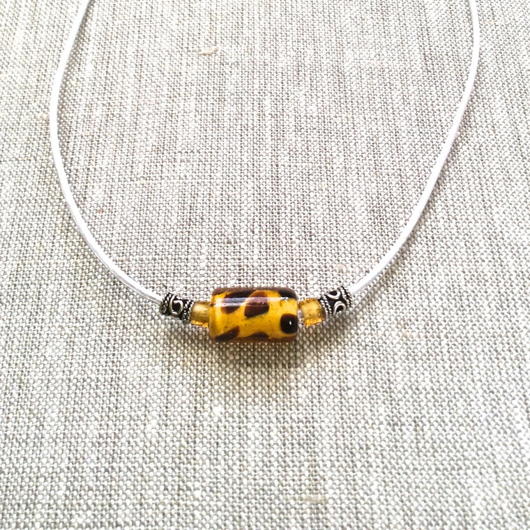 White Leather Choker with Leopard Glass Focal, Sterling Silver Accents