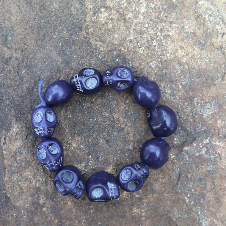 Skull Bracelet, Dark Blue Dyed Howlite Stone Large Beads on Stretch Cord