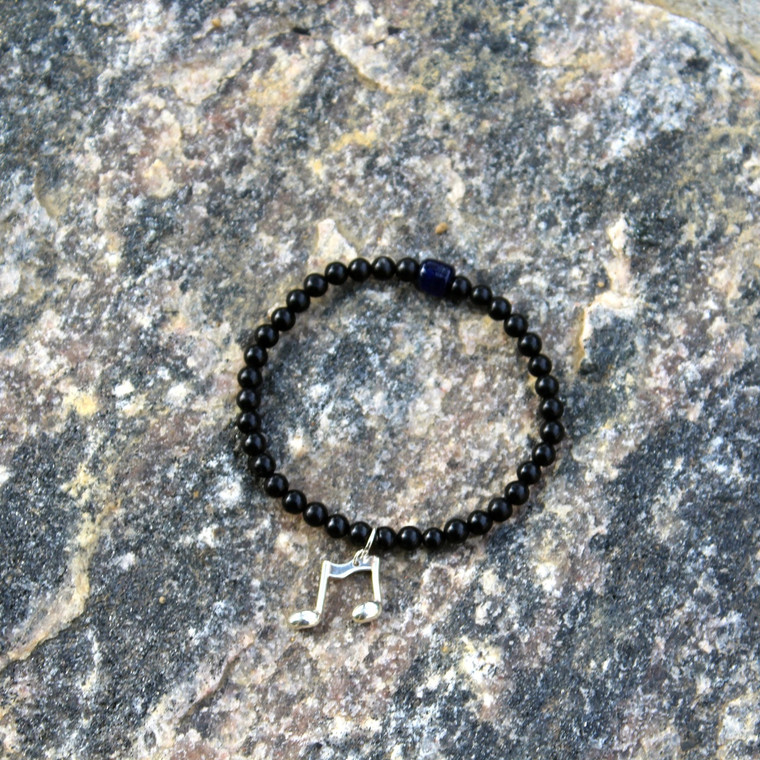 Black Agate Bracelet with Silver Eighth Notes