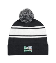 Two-Tone Knit Pom Beanie with Cuff - Embroidered Two-Tone Knit Pom Beanie with Cuff - Embroidered