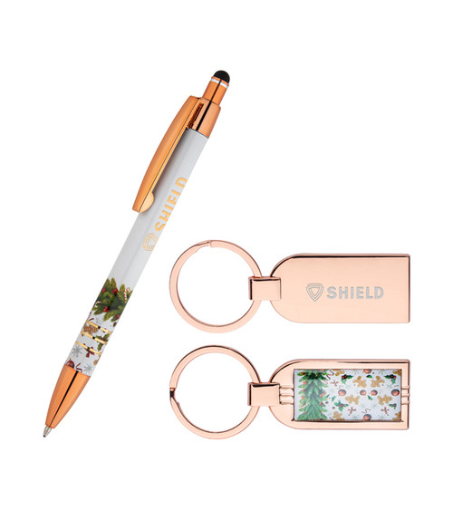 Merry Christmas & Happy New Year Copper Pen & Festive Key Ring Set