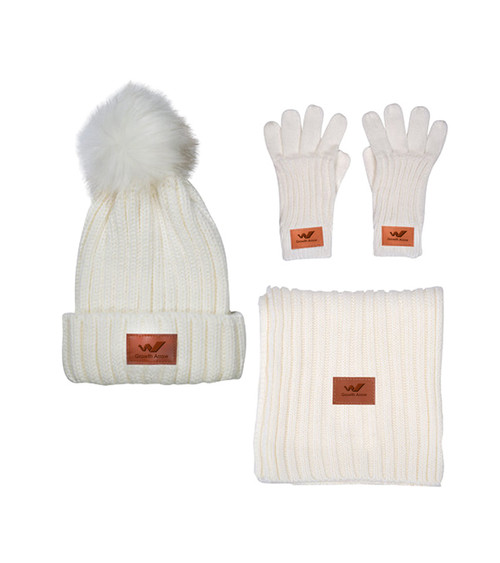 Leeman Three-Piece Rib Knit Fur Pom Winter Set