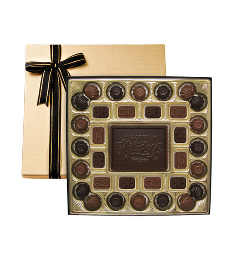 Happy Holidays Gift Box with Custom Dark Chocolate Centerpiece