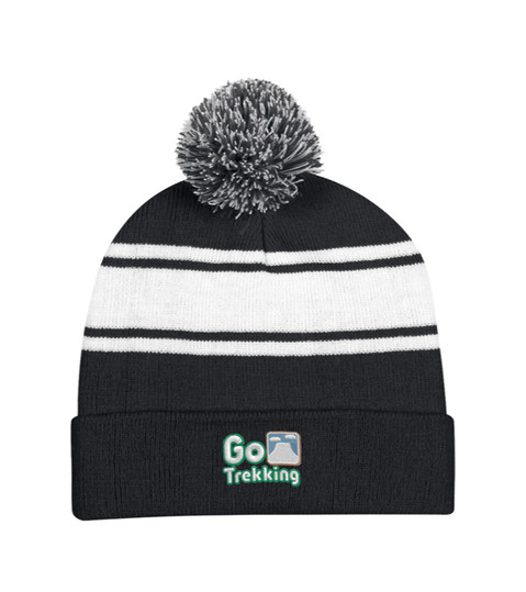Two-Tone Knit Pom Beanie with Cuff - Embroidered