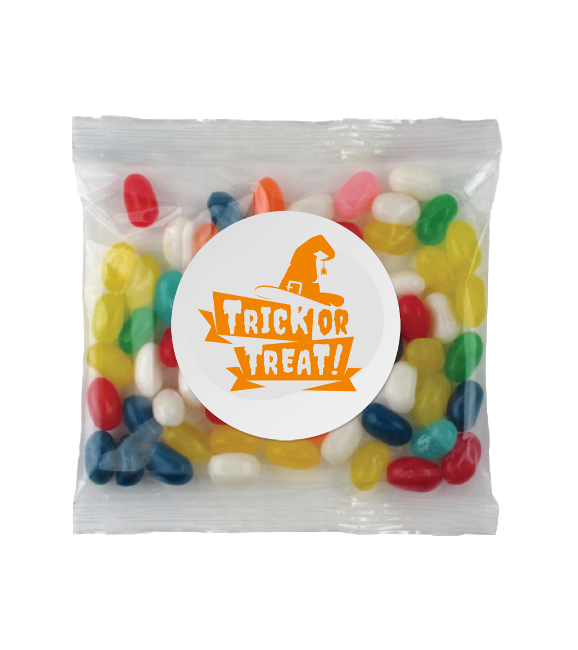 Personalized Halloween Jelly Belly pack with festive packaging, perfect for sweet promotional giveaways.