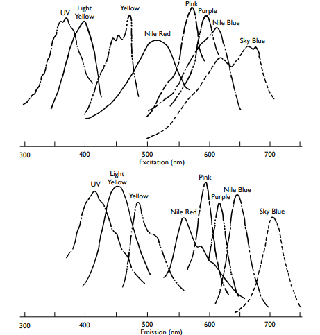 Excitation & Emission Spectra of the fluorophores used in SPHEROTM fluorescent particles
