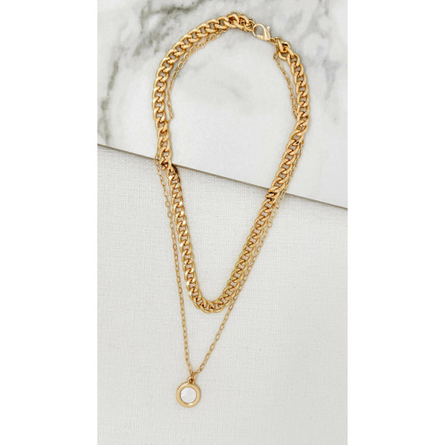 Short gold double layer chain necklace with a white semi precious round pendant