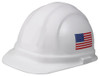 ERB Safety Omega ll Cap Style with  Mega Ratchet : White Imprinted (American Flag -both sides),6-Point Nylon Suspension With Ratchet Adjustment Safety Hat (12/Pkg.)