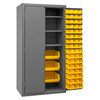 Durham Mfg Heavy-Duty Steel Cabinet, 16 Gauge, 3 Shelves, 102 Yellow Bins, 2 Doors, 36"W x 24"D x 72"H, Gray, DM-2501-BDLP-102-3S-95 (1/Ea)