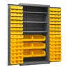 Durham Mfg Heavy-Duty Steel Cabinet, 16 Gauge, 3 Shelves, 102 Yellow Bins, 2 Doors, 36"W x 24"D x 72"H, Gray, DM-2501-BDLP-102-3S-95 (1/Ea)