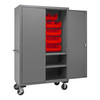 Durham Mfg Heavy-Duty Steel Mobile Cabinet, 16 Gauge, 2 Shelves, 18 Red Bins. 2 Doors, 50-9/16"W x 24"D x 81"H, Gray, DM-2502M-BLP-18-2S-1795 (1/Ea)