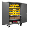 Durham Mfg Heavy-Duty Steel Mobile Cabinet, 16 Gauge, 2 Shelves, 18 Yellow Bins. 2 Doors, 50-9/16"W x 24"D x 81"H, Gray, DM-2502M-BLP-18-2S-95 (1/Ea)