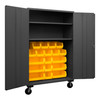 Durham Mfg Heavy-Duty Steel Mobile Cabinet, 14 Gauge, 2 Shelves, 18 Yellow Bins, 2 Doors, 48"W x 24"D x 81"H, Gray, DM-3502M-BLP-18-2S-95 (1/Ea)