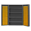Durham Mfg Heavy-Duty Steel Cabinet, 14 Gauge, 128 Yellow Bins, 4 Adjustable Shelves, 2 Doors, 48"W x 24"D x 72"H, Gray, DM-DC48-128-4S-95 (1/Ea)