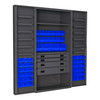 Durham Mfg Heavy-Duty Steel Cabinet, 14 Gauge, 4 Drawers, 52 Blue Bins, 12 Door Trays, 1 Adjustable Shelf, 2 Doors, 36"W x 24"D x 72"H, Gray, DM-DCBDLP524RDR-5295 (1/Ea)