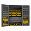 Durham Mfg Heavy-Duty Steel Cabinet, 14 Gauge, 4 Drawers, 69 Yellow Bins, 12 Door Trays, 1 Adjustable Shelf, 2 Doors, 48"W x 24"D x 72"H, Gray, DM-DCBDLP694RDR-95 (1/Ea)