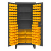 Durham Mfg Heavy-Duty Steel Cabinet, 12 Gauge, 102 Yellow Bins, 3 Adjustable Shelves, 2 Doors, 36"W x 24"D x 78"H, Gray, DM-HDC36-102-3S95 (1/Ea)