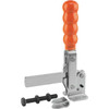 Kipp Toggle Clamp Standard, M12X100, F1=3200, Vertical w/Flat Foot & Full Folding Arm, Steel, Orange Plastic (Qty. 1), K0061.0450